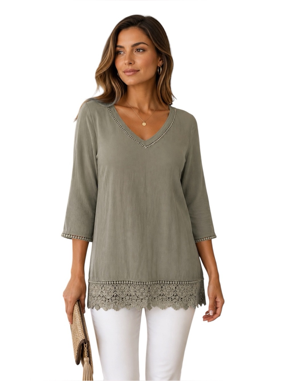 Paper Crane Tunic Top Lace Hem Olive Green Size M Classic Momcore